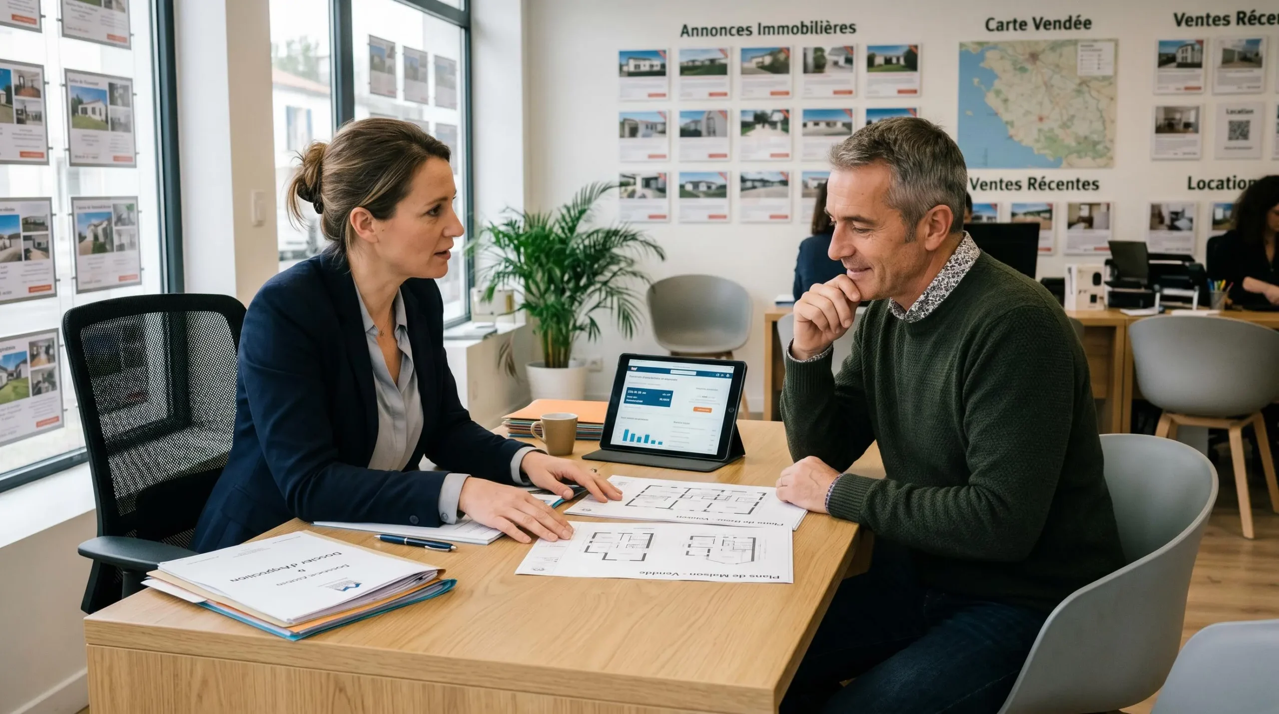 Agent immobilier et client en consultation dans une agence contemporaine vendéenne, examinant ensemble des documents et données de marché sur tablette