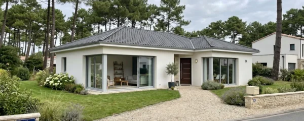 Façade d'une maison individuelle contemporaine de plain-pied en Vendée, avec jardin entretenu et toiture en bon état, dans un environnement résidentiel calme