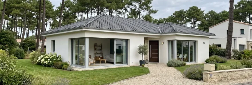 Façade d'une maison individuelle contemporaine de plain-pied en Vendée, avec jardin entretenu et toiture en bon état, dans un environnement résidentiel calme