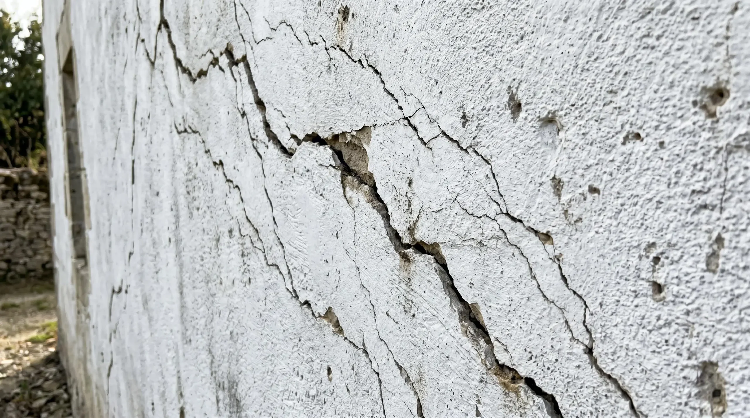 Fissures structurelles diagonales prononcées sur un mur extérieur crépi blanc d'une maison, avec ouvertures visibles de plusieurs millimètres